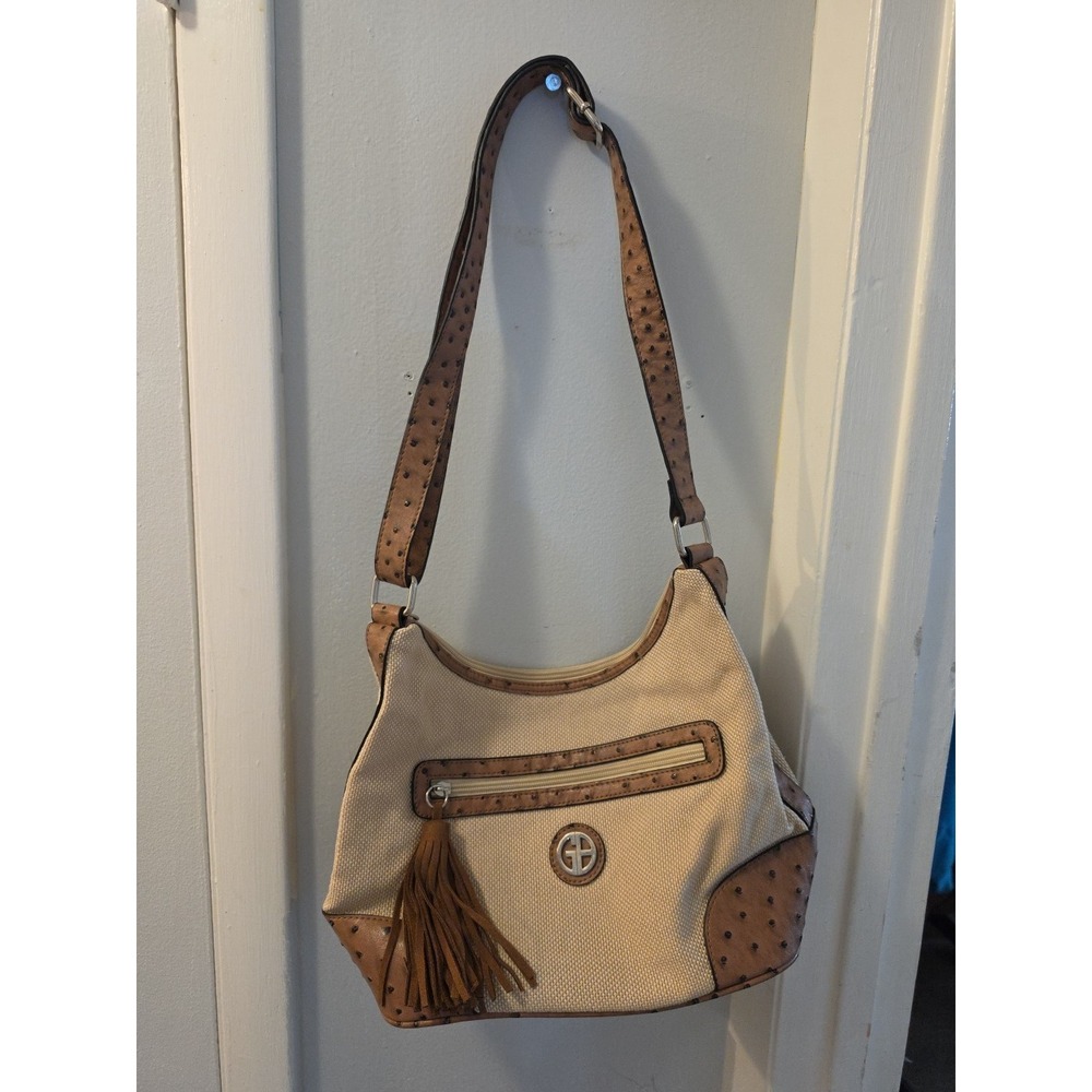 Giani Bernini Hobo Bag Natural Linen Brown Faux Ostrich Leather Trim‎ Tassel